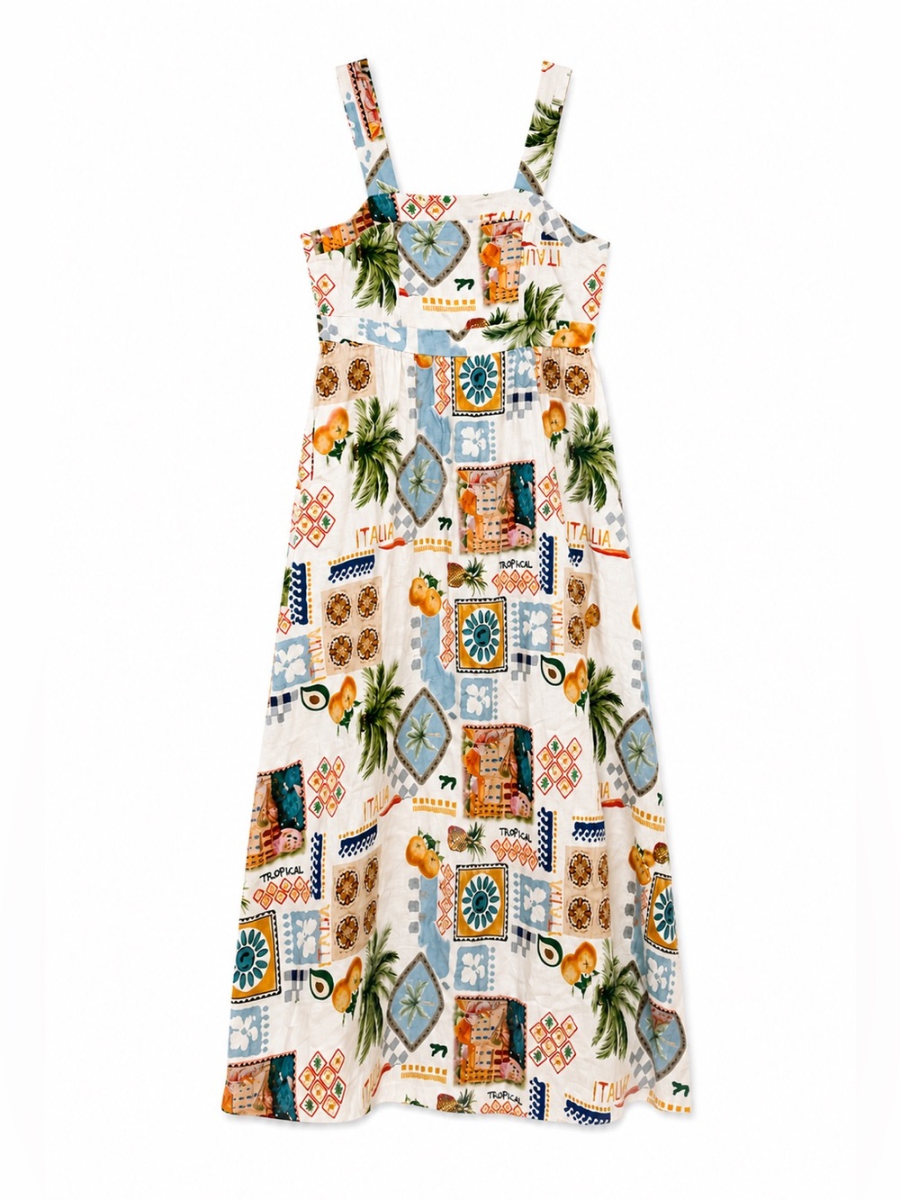 Spighe Di Lino Italy Linen Cotton Mediterranean Print Midi Dress M